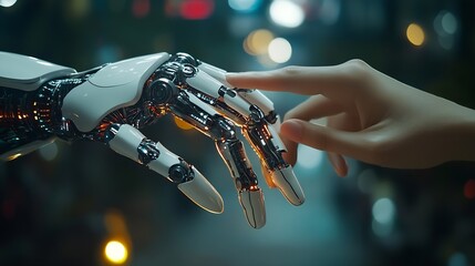 Aufkleber - AI Machine learning Hands of robot and human touching on big data network connection Data exchange deep learning Science and artificial intelligence technology innovation of futuristic : Generative AI