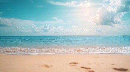 Wall Mural - Abstract blur defocused background nature of tropical summer beach with rays of sun light Golden sand beach sea water against blue sky with white clouds Copy space summer vacation conc : Generative AI