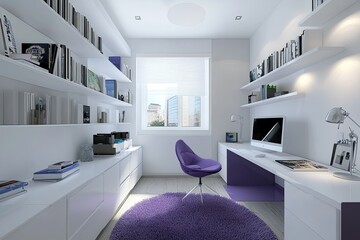 Wall Mural - modern luxury white study room interior design with elegant purple study desk 