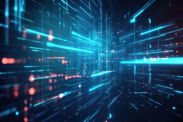 Poster - Vibrant digital abstract background with glowing lines and particles creating a sense of depth and movement in a futuristic environment.