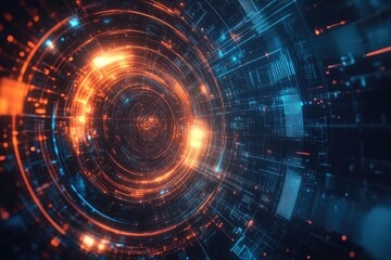 Poster - Futuristic digital background with glowing orange and blue circles, conveying technology and innovation in a vibrant design.