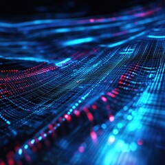 Poster - Abstract digital wave pattern with vibrant blue and red lights, creating a dynamic, futuristic feel for technology designs.