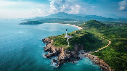 Wall Mural - Aerial of Dai Lanh Lighthouse Phu Yen province This place is considered the first place to receive sunshine on the mainland of Vietnam Travel and landscape concept : Generative AI