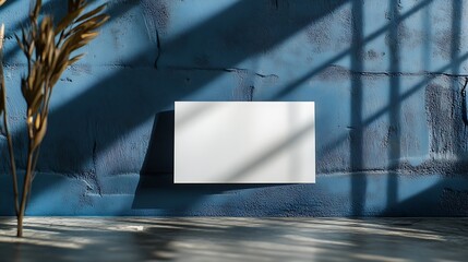 Poster - White card in a dark blue seal leaning against a blue wall Invitation mockup long shadow : Generative AI