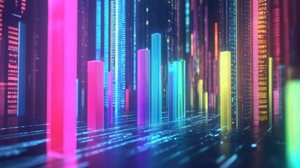 Poster - A futuristic 3D bar chart, with sleek neon-colored bars growing at different levels, placed against a holographic background filled with data streams.