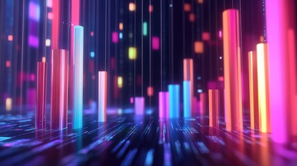 Poster - A futuristic 3D bar chart, with sleek neon-colored bars growing at different levels, placed against a holographic background filled with data streams.