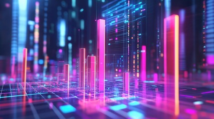 Poster - A futuristic 3D bar chart, with sleek neon-colored bars growing at different levels, placed against a holographic background filled with data streams.