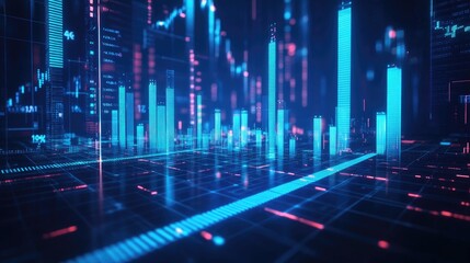 Poster - A futuristic 3D financial chart with rising blue bars and arrows, overlaid with stock prices and percentage gains, representing market growth and investment opportunities