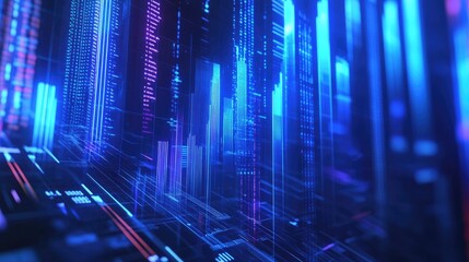 Poster - A futuristic 3D financial chart with rising blue bars and arrows, overlaid with stock prices and percentage gains, representing market growth and investment opportunities