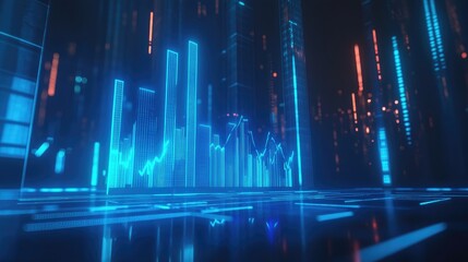 Poster - A futuristic 3D financial chart with rising blue bars and arrows, overlaid with stock prices and percentage gains, representing market growth and investment opportunities