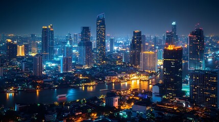 Fototapete - Smart network and Connection technology concept with Bangkok city background at night in Thailand Panorama view : Generative AI