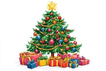 christmas tree with ornaments, tinsel, shining star, and colorful gifts on white background