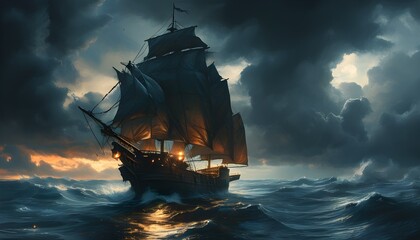 Wall Mural - Enigmatic ship navigating turbulent waters under a stormy sky, lanterns illuminating the dark atmosphere with an eerie glow