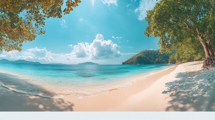 Poster - Beautiful beach with white sand turquoise ocean water and blue sky with clouds in sunny day Panoramic view Natural background for summer vacation : Generative AI