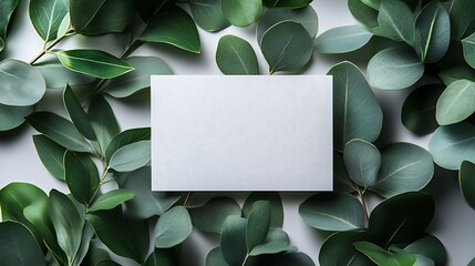 Poster - Mockup invitation blank greeting card and green leaves eucalyptus Flat lay top view : Generative AI