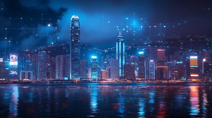 Leinwandbilder - Smart network and Connection technology concept Hong Kong digital city background at night in victoria harbour Cyberpunk color style Panorama view : Generative AI