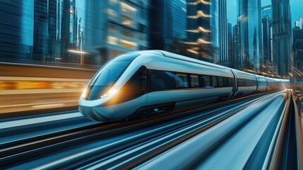 Poster - A futuristic high-speed train in motion, surrounded by urban buildings, illustrating the integration of advanced transportation in modern city life.