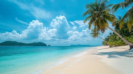 Aufkleber - Beautiful beach with white sand turquoise ocean green palm trees and blue sky with clouds on Sunny day Summer tropical landscape panoramic view : Generative AI