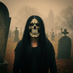 A mysterious figure wearing a skull mask, emerging from the mist in a graveyard filled with ancient tombstones.
