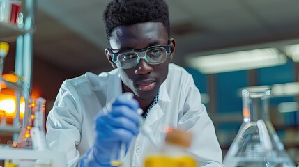 Poster - A student conducting experiments in a university lab with equipment and safety gear. 