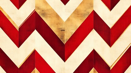 Wall Mural - Abstract Geometric Pattern with Red, Gold, and White Chevron Stripes on Distressed Canvas.