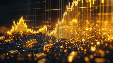 Aufkleber - A glowing gold line graph showing the rising price of gold, set against a dark background with data points and gold bars displayed below the chart.