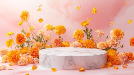 Poster - Bright orange and yellow flowers are beautifully arranged around a circular marble pedestal, set against a soft pink background