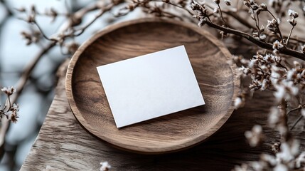 Poster - Blank white business card mockup on wooden plate chop board Grey table backgound Modern minimalist template Branding identity Natural winter design Flat lay top view : Generative AI