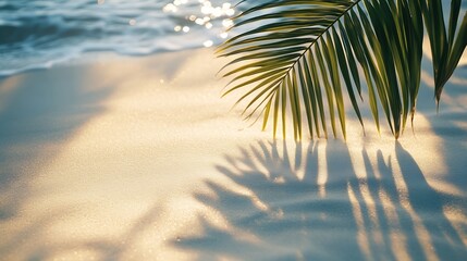 Poster - palm leaf shadow on abstract white sand beach background sun lights on water surface beautiful abstract background concept banner for summer vacation at the beach : Generative AI