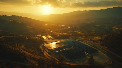 Poster - Solar panel produces green environmentaly friendly energy from the setting sun Aerial view from drone Landscape picture of a solar plant that is located inside a valley : Generative AI
