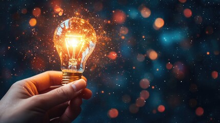 Poster - A hand holding a glowing light bulb in front of a dark background, symbolizing new ideas, innovation, and creativity coming to life