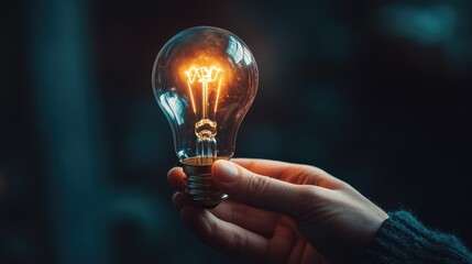Poster - A hand holding a glowing light bulb in front of a dark background, symbolizing new ideas, innovation, and creativity coming to life