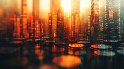 Poster - Double exposure of city and graph on rows of coins for finance and banking concept : Generative AI