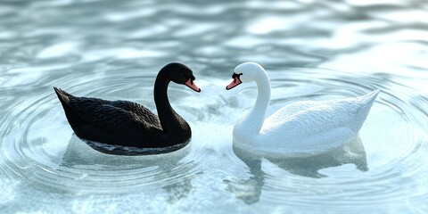 a white and black two swan face to face floating on clear water with soft circle wave 