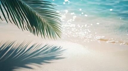 Poster - palm leaf shadow on abstract white sand beach background sun lights on water surface beautiful abstract background concept banner for summer vacation at the beach : Generative AI