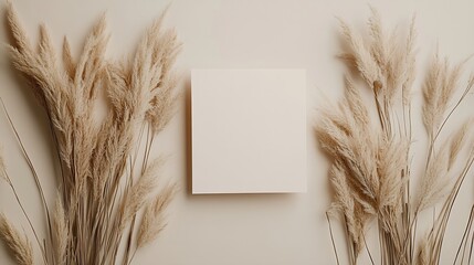 Poster - White paper empty blank dried grass decoration on beige background Invitation card mockup on beige table Flat lay top view copy space mockup : Generative AI