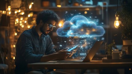 Fototapete - Digital technology cloud computing concept Software engineer using mobile smart phone and laptop computer with global network connection Technology innovative and communication concept : Generative AI