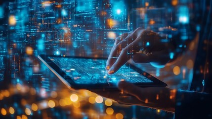 Fototapete - Digital marketing data exchange global business Businessman using digital tablet computer double exposure with smart city online marketing data transfer global internet network technol : Generative AI