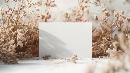 Poster - Boho business card mockup template empty stationery card with dry plants flower and boho decor on a white background and design element for wedding invitation rsvp thank you card greet : Generative AI
