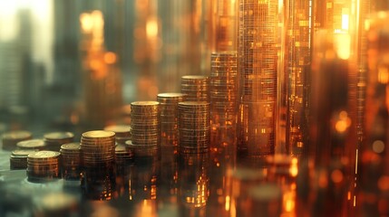Poster - Double exposure of city graph and rows of coins for finance and business concept : Generative AI