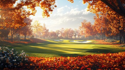 Stunning autumn golf course with colorful foliage and blue skies.