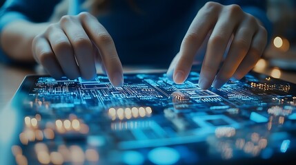 Fototapete - Digital technology software development concept Coding programmer software engineer using digital tablet with circuit board and javascript on virtual screen internet of things IoT : Generative AI