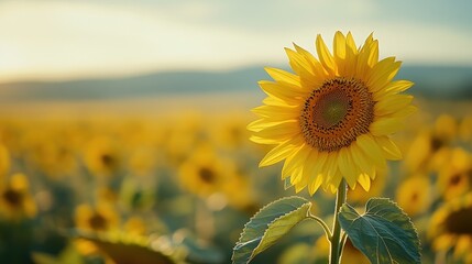 Poster - Close-up of a single sunflower in a vast field with a blurred background, leaving plenty of space on the right side for copy or logos.