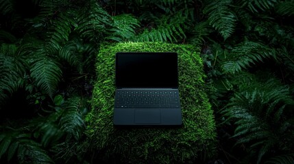 An outdoor jungle office setup with a digital tablet charging from solar leaves, merging innovation with sustainable energy.