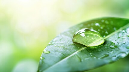 Poster - Close-up of a single water droplet on a fresh leaf, with a clean, blurred background offering perfect copy space for eco-friendly or wellness products.