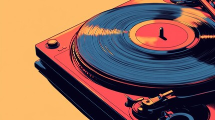 Vintage turntable with vinyl record on a colorful background.