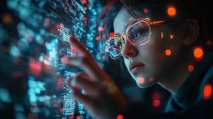 Aufkleber - Metaverse and Blockchain Technology Concepts Person with Glasses try to Touching Object for Experiences of Metaverse Virtual World Futuristic Tone : Generative AI