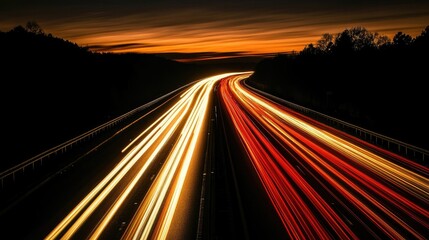 Poster - A nighttime image of a well-lit expressway, with streaks of headlights and taillights creating a dynamic pattern against the dark sky, symbolizing city life.