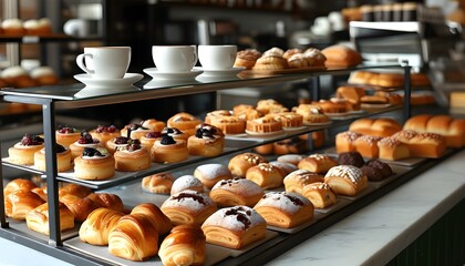 Contemporary bakery showcasing an array of pastries and expertly brewed coffee on a stylish counter