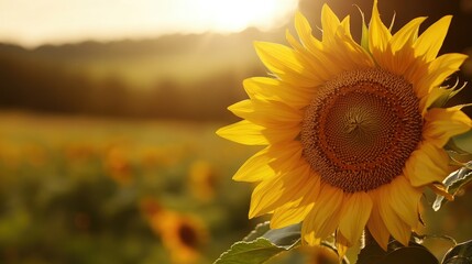 Poster - Close-up of a sunflower with a blurred field background, offering a large clean space on the right side for text or branding